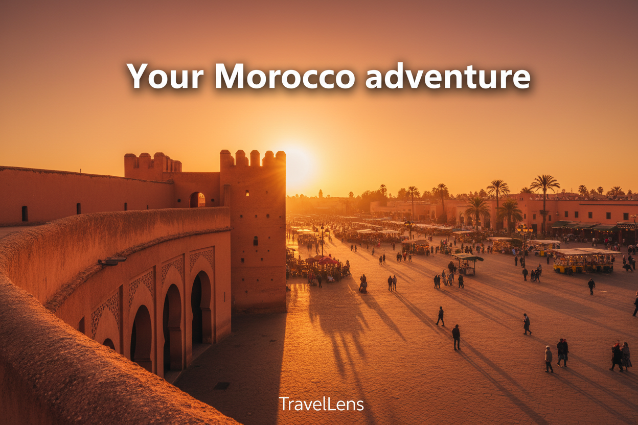 “Design a bold hero image featuring Marrakech, Morocco. Show a cinematic view of the medina, terracotta walls, arches, or Jemaa el-Fnaa. Use warm sunset colors with soft shadows. Add stylish modern text in the center: ‘Your Morocco adventure’ and place a small logo text: ‘TravelLens’ at the bottom. Use clean travel-aesthetic layout, premium quality, minimal clutter, and high contrast to make it eye-catching on Shopify